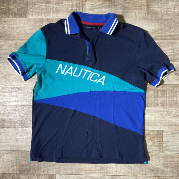 Nautica Polo Shirt Mens S Blue White Colorblock Big Logo Sailing Classic Rugby - Picture 1 of 7